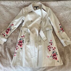 White House Black Market Cream Floral Embroidered Belted Trench Coat